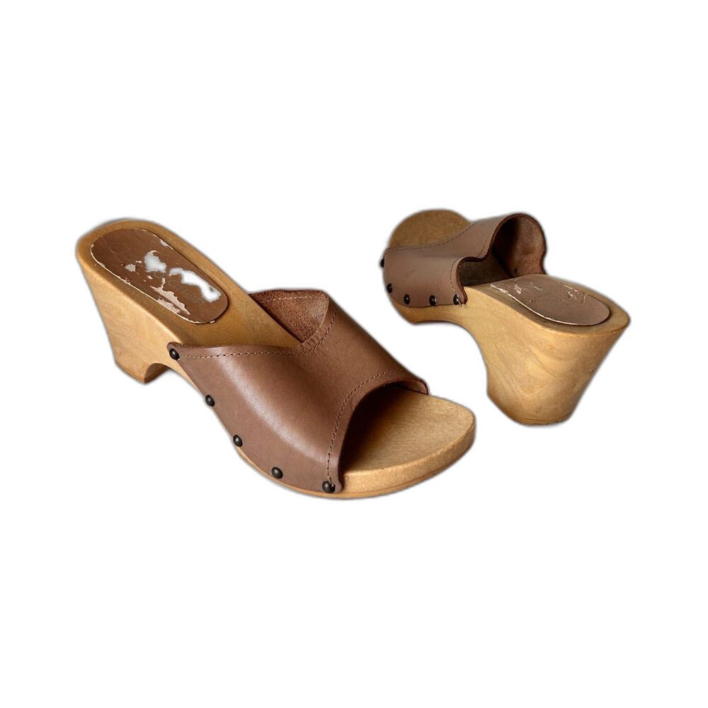 Vintage Xhilaration Tan Leather Chunky Platform Faux Wood Mules Sandals